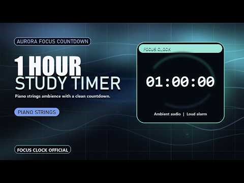 1 Hour Study Timer With Alarm | Aurora Focus Countdown | Piano Strings Ambience