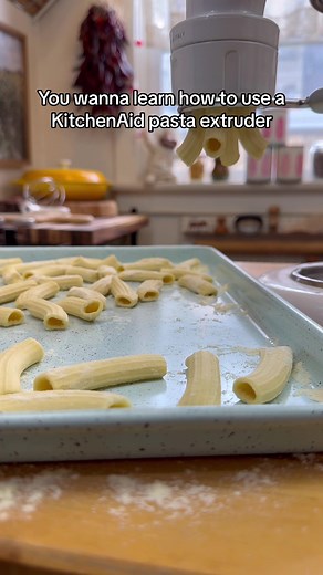 Did you know you can easily make fresh pasta with a @kitchenaidusa?! Not only can you knead egg or semolina pasta dough, but you can also make extruded pasta (similar to what you buy in the store - rigatoni, fusilli, etc.) if you have the attachment! Here’s my full process on how to assemble & make fresh pasta using your Kitchenaid extruder attachment :) For this dough I used… 1 cup fine semolina flour 50-60ml warm water depending on environment TIPS: Extruded pasta is usually made with semolina