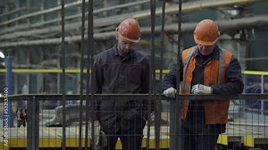 Professional Industrial Factory Worker Making Hand Signals To Engineers Below. Professional Industrial Workers In Uniform And Orange Safety Helmets. Professional Industrial Workers Near Steel Cables