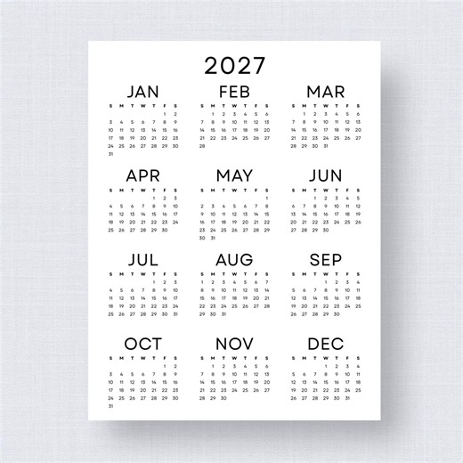 Calendário anual de 2027 para imprimir em PDF. Calendário de parede minimalista. Visão geral do ano de 2027. Tamanhos A3, A4 e Carta. Início às segundas e domingos. - Etsy Portugal
