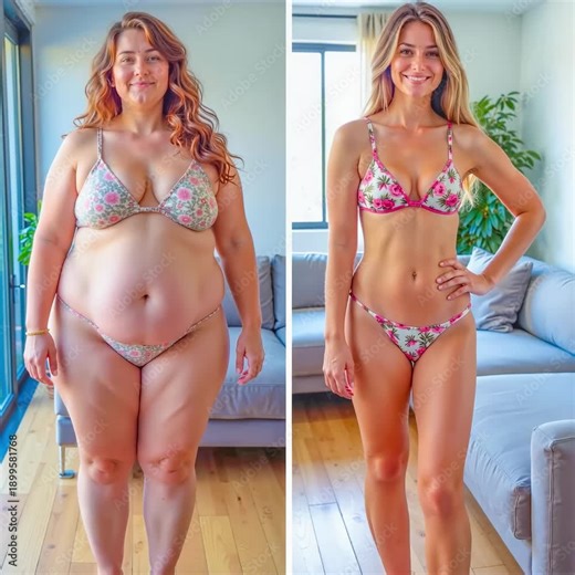 Woman showing weight loss transformation in bikini at home. Loop