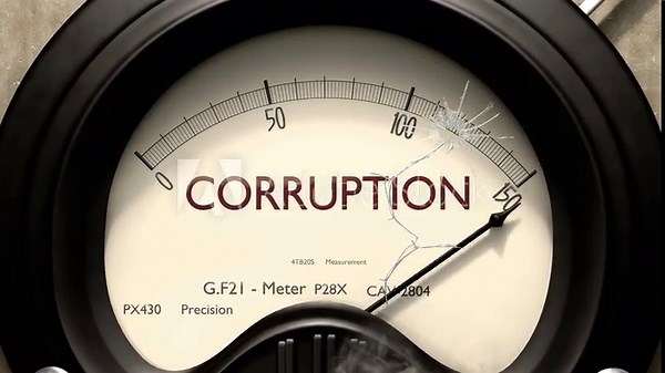 Corruption meter showing big levels of corruption. Dangerously increasing high values of corruption, critical overload. Too much, off the charts. Max corruption