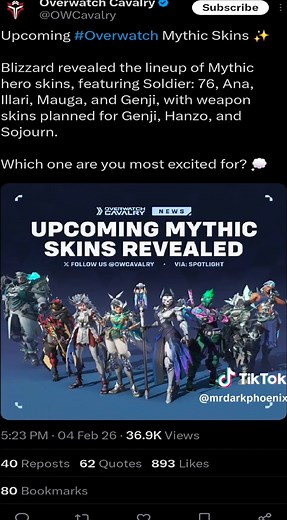 Upcoming #Overwatch Mythic Skins Blizzard revealed the lineup of Mythic hero skins, featuring Soldier: 76, Ana, Illari, Mauga, and Genji, with weapon skins planned for Genji, Hanzo, and Sojourn. Which one are you most excited for? #overwatchmythicskin #Overwatchconquest #overwatchseason1 #overwatch2