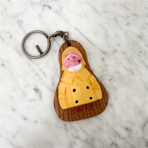 Vintage Old Salt Sea Captain Wood Keychain, Keychain for Boat Keys Featuring Hand Carved Old Salty in Yellow Raincoat - Etsy