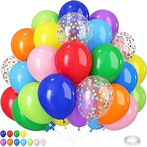 Colorful Balloons Rainbow Assorted Colors Balloons Set 12Inch Red Blue Yellow Green Pink Purple Orange Latex Party Balloon with Multicolor Confetti Balloon for Birthday Carnival Party Decorations