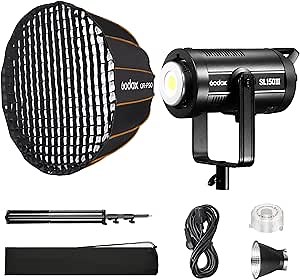 Godox SL150III 160W COB LED Video Continuous Light Professional Photography Studio Lighting Kits & Godox QR P90 Parabolic Softbox Heavy Duty Light Stand (160W Continuous Light Kits)