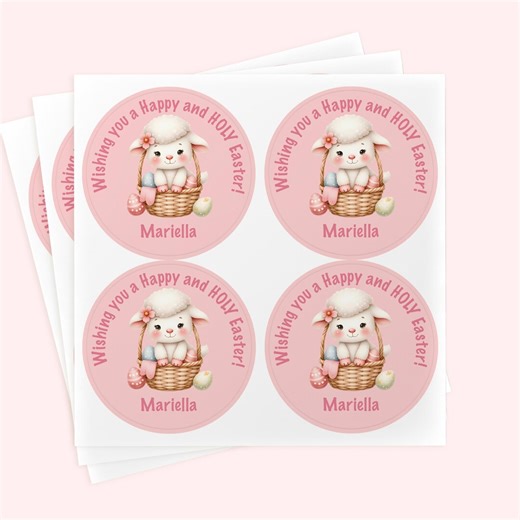 Personalized Pink Easter Basket Lamb Stickers | Religious Kids Labels, Favor Stickers - Etsy