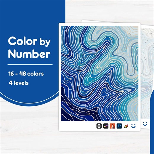 Blue Wave Design - Color by Number - Digital & Printable - 4 Levels - Etsy