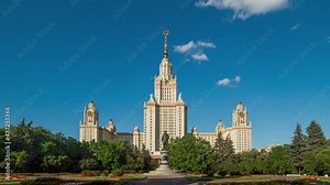 Moscow State University main building and Lomonosov monument. Iconic building and sightseeing in Moscow, Russia. 4K Time lapse