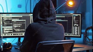 cybercrime, hacking and technology concept - hacker in dark room creating code or using computer virus program for cyber attack