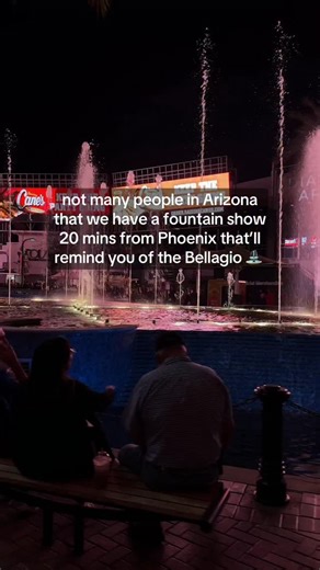 THE DANCING FOUNTAIN SHOW NEAR PHOENIX 🥹 only 20 mins from Phoenix at Westgate, you can find a dancing fountain show that runs everyday from 11am - 10pm… it reminded us of the Bellagio Fountain Show (minus the gorgeous resort and instead these billboards) 🤣 It’s so freaking pretty at night and the perfect free thing to do. Located in the same complex, there is a cold stone so you could go grab some ice cream and watch the fountain show… Anyone ever seen this before?? This was my first time at 