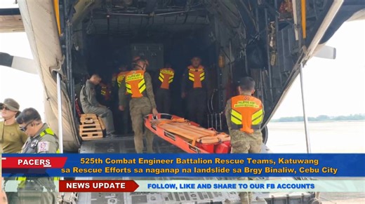 WATCH II 525th Combat Engineer Battalion deploys USAR Teams to Cebu City Landslide On 11 January 2026, the 525th Combat Engineer, Combat Engineer Regiment, Philippine Army, under the leadership of LTC LESTER T SINLAO PA, deployed two Light Urban Search and Rescue (USAR) Teams to reinforce the ongoing Search, Rescue, and Retrieval (SRR) Operations at the landfill site in Brgy Binaliw, Cebu City. The deployment consists of 38 highly trained personnel led by CPT BEVERLYN N MACALALAD PA, equipped wi