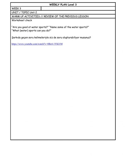 Level 3 Week weekly plan worksheet