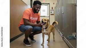 Person petting dog in indoor kennel setting pet affection kindness friendship