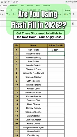 You can wrestle with formulas to pull name initials in Excel… but Flash Fill does it in one breath 😮‍💨 Type once → Ctrl E → done. #excel #learnexcel #productivity #productivitytips #worksmarternotharder