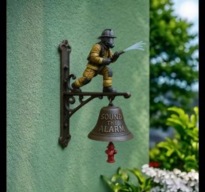 Firefighter Hydrant Wall Bell – Commemorative Doorbell with Loud Alarm Sound, 25cm/9.8in Metal & Resin Wall Mount Bell for Patio, Porch, Home or Fence Décor (1pc)