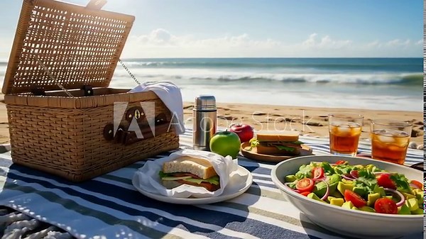 Idyllic Beach Picnic Setup with Delicious Food and Refreshing Drinks Under Sunny Skies