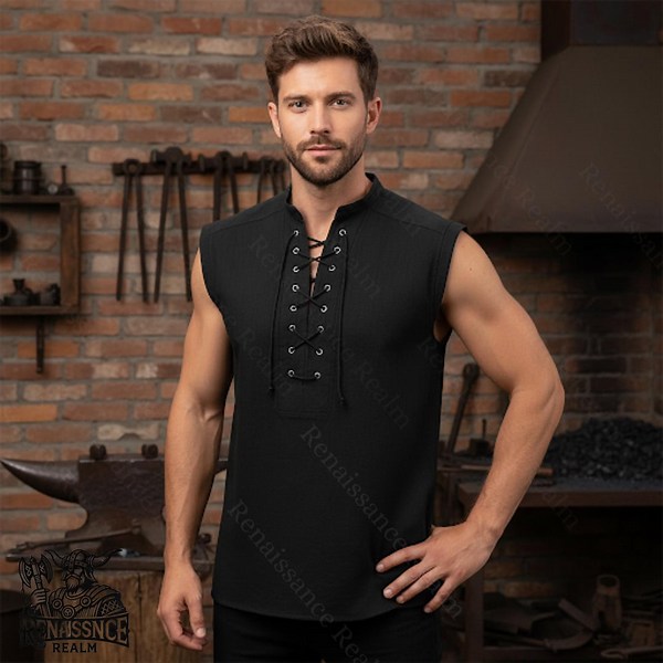 Black Sleeveless Medieval Tunic | Viking Cotton Laced Shirt for Men LARP Costume - Etsy