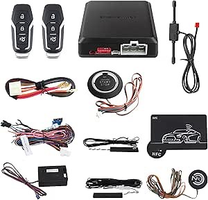 EASYGUARD EC002-F02-NFC-NS Passive Keyless Entry car Alarm Rolling Code with PKE Remote Starter with Passive keyless Entry Push Start Button NFC Lock Unlock（with Shock Sensor）