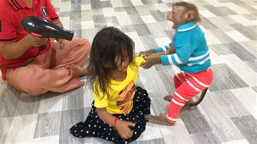 Handsome Jason Panicked With Hair Dryer Worry Pull Hand Sister Satya To Run | Monkey Jason