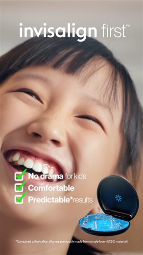 Invisalign First, teeth straightening that's drama-free! It's comfortable, predictable and so easy even kids can do it! #InvisalignMY #InvisalignSmile *Invisalign treatment is a doctor-directed procedure and is not available for direct purchase by patients. Registered under Act 737 GMD32749674018A | Advertisement approval no. MDAMD 0130/2023 | Invisalign Malaysia