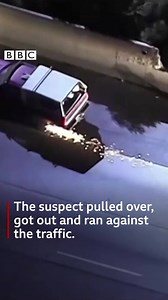 "He just hit that car and sparks are flying." Watch what happened when police in California tried to pull over a speeding pick-up truck. bbc.in/36awwco | BBC News