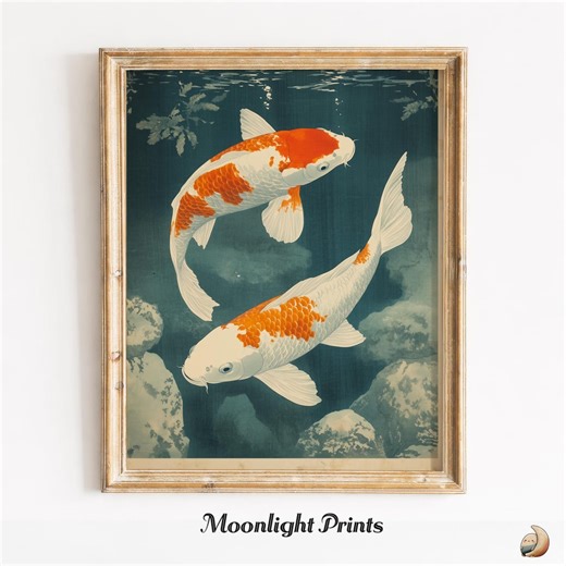 Printable Koi Fish Woodblock Art - Moody Japanese Serene Aqua Scene, Traditional Ukiyo-e Style, Vintage Tranquil Underwater Decor 174 - Etsy