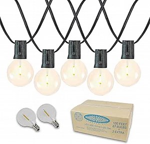 Novelty Lights 100 Feet G50 LED Patio String Light Set with 67 Bulbs, Warm White, Weather Resistant and Shatterproof Replaceable Plastic Globe Bulbs, Black Wire