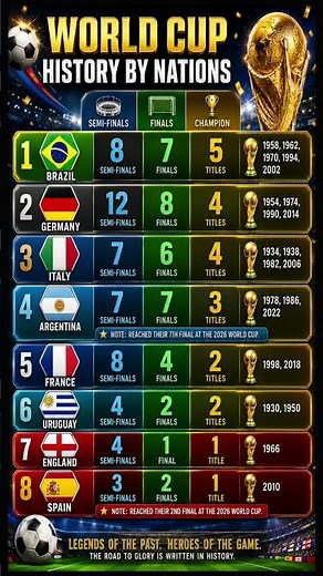 FIFA World Cup History by Nation 🇦🇷🇧🇷 Most Semi-Finals, Finals & Champions (1930–2026)