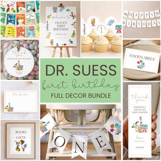 Dr Seuss Birthday Decorations Bundle | One for the Books Party Decor | Storybook First Birthday Set | Canva Template - Etsy