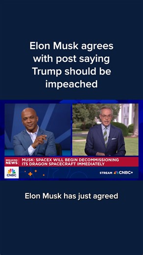 1M views · 18K reactions | Elon Musk on Thursday reposted and agreed with an X post calling for Trump to be impeached and replaced by JD Vance. The post also said that in a Trump vs. Musk feud, Musk will win. "Yes," Musk replied to the post. Read more: cnb.cx/45cbhFU | CNBC | Facebook