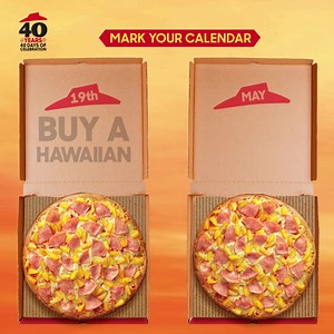 Pizza tastes best when it’s shared - especially with a whole lotta Hut ❤️ On 19 May, join us as we give back to our community. For every Hawaiian Pan Pizza you purchase on this special date, we’ll MATCH it and send it straight to selected charities. Join us and make an impact with our original slice of simple. Mark down this date and have a Hawaiian! | Pizza Hut