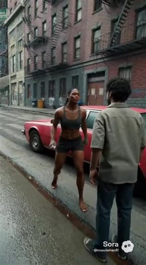 Muscular female street fighter gets into a fight in her neighborhood #muscularwomen #sora #fight #streets #hood @musclemamaai