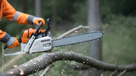 Professional logger using chainsaw outdoors for forest management and tree service
