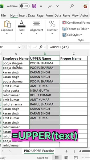 Excel Uppercase/Propercase Trick 😳 =UPPER, =PROPER Formula #shorts #excel #exceltips #learnexcel