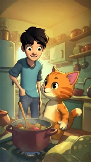 #A cute cartoon cat cooking food in a small kitchen, wearing a chef hat and stirring a pot.