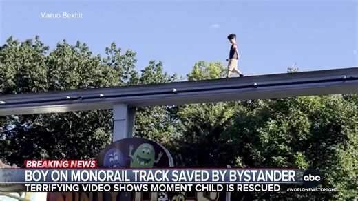 A terrifying video shows a young boy standing dangerously on the edge of a monorail track at Hershey Park in Penn. The boy was reported missing just after becoming separated from his parents. A bystander jumped into action and rescued the boy. Perry Russom has more. | ABC World News Tonight with David Muir