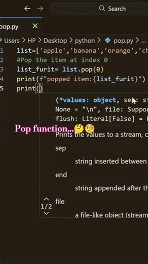 How to used the pop function in python | python for the beginner #python #shorts#programmingconcept