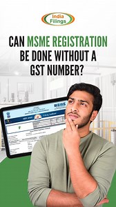 Can you register for MSME without a GSTIN? Yes, you can! If GST registration isn’t mandatory for your business, MSME registration is still possible. Let’s simplify compliance! For additional information, reach out to us at sales@indiafilings.com or visit indiafilings.com #MSMEIndia #SmallBusiness #BusinessGrowth #Entrepreneurship #GST #BusinessTips #MSMERegistration #StartupIndia #Compliance #Entrepreneur | IndiaFilings.com | Facebook
