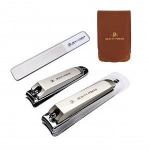 Beauty Power Nail Clippers Set 3 in 1 - Stainless Steel Toe Nail Clippers, Fingernail Clipper, Glass Nail File, Anti Splash, Ergonomic Grip in PU Leather Travel Case for Men & Women (Brown Case)