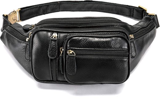 MARRANT Genuine Leather Fanny Pack for Men, Large Capacity Crossbody Waist Bag with Multiple Zipper Pockets, Black