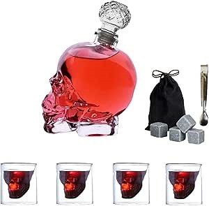 Skull Whiskey Decanter Set WEIRUIFANZHI 1 Glass Skull Skeleton Wine Bottle 25OZ & 4 Skull Glasses 2.5OZ & 4 Granite Whiskey Ice Wine Stones & 1 Ice Clip for Brandy,Vodka,Gifts,Bar and Party Decoration