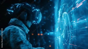 A holographic display of a new virtual reality gaming system showing a hologram gamer immersed in a virtual battlefield.