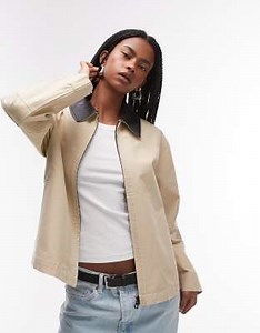 Mango contrast collar barn jacket in beige | ASOS