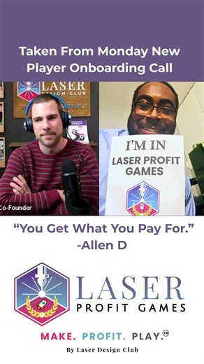 Laser Design Club | Laser Profit Games 🚀 on Instagram: "Most laser makers stay stuck binging free YouTube and hoping it “clicks” one day. Allen did the opposite. He joined Laser Profit Games, got inside a real business group, and here’s what he said on our onboarding call (this clip): “I’ve been in enough to know when you have a legit one, and I can tell very clearly this is the real deal. This is not just some clickbait stuff. It costs, but that’s what you gotta have. You get what you pay for.