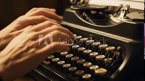 Closeup of hands typing on a vintage typewriter with circular keys and dark casing