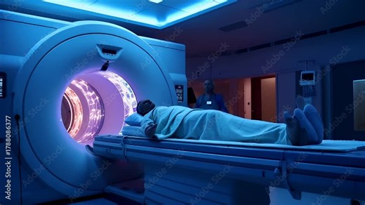 A medical simulation of a patient undergoing a CT scan in a hospital room. The patient is lying on a bed with a white sheet, and the room is illuminated by blue lighting.