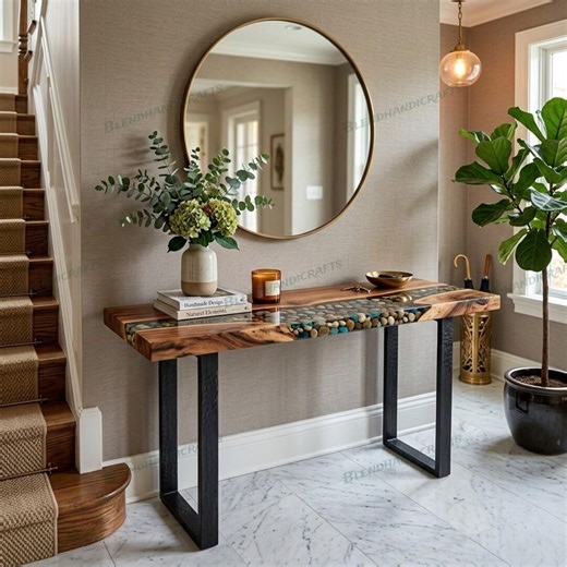 Custom Clear Epoxy River Stone Table – Handmade Solid Wood Console – Modern Rustic Furniture