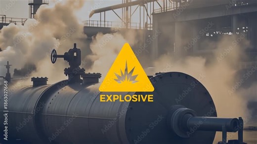 Industrial hazard warning sign indicating explosive danger in a chemical plant with steam and pipelines