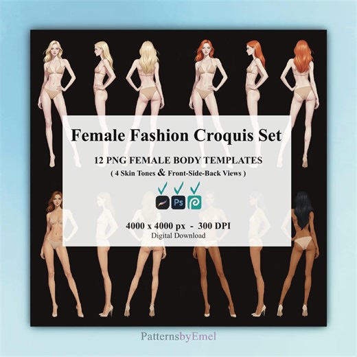12 Female Fashion Croquis Set, Digital Body Templates for Fashion Illustration, Realistic Model Base, Front Side Back View, Procreate & PSD - Etsy